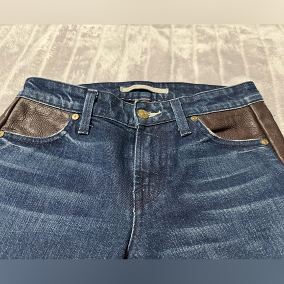 Vince Jeans Women Blue Denim with Faux Leather Pants Size 25 - Picture 2 of 8